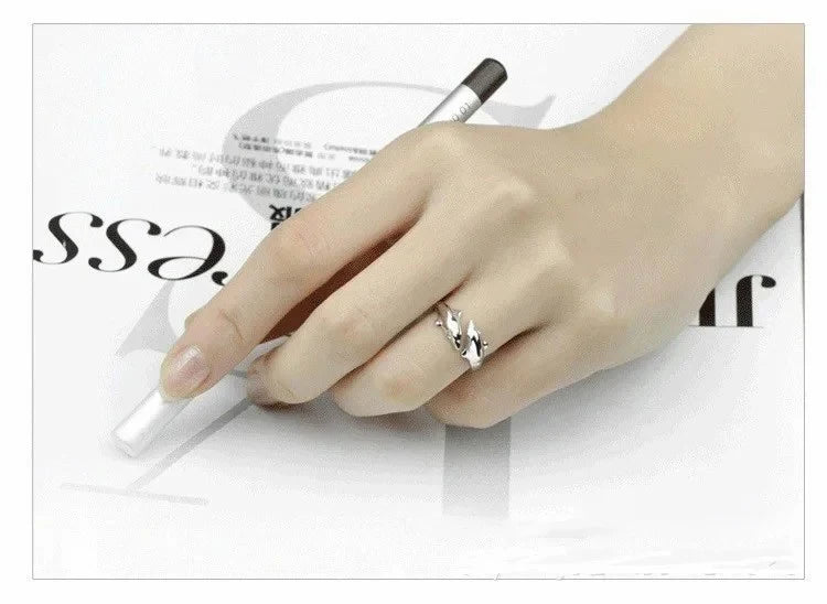 925 Sterling Silver Jewelry Open Happy Double Dolphin Love Rings For Women Party Gift Adjustable Ring Anillos Bague