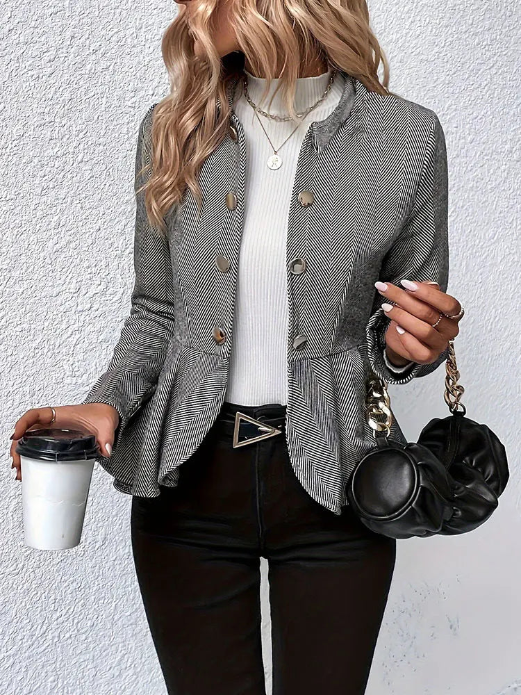 Women's Herringbone Peplum Jacket Button Front Tailored Blazer - Image 7