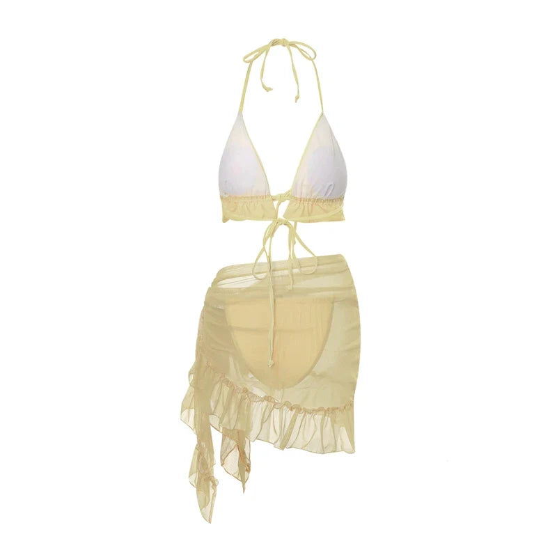 Women Halter Ruffle Three Piece Bikini Swimsuit Set - Image 6