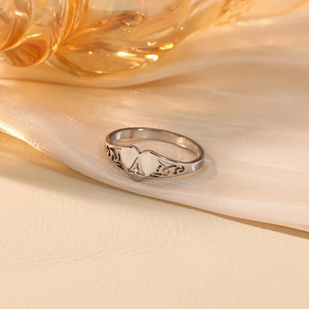 Stainless Steel A-Z Letter Heart Rings For Women Silver Color Hollow Initial Letter Ring Aesthetic Wedding Jewelry Gift