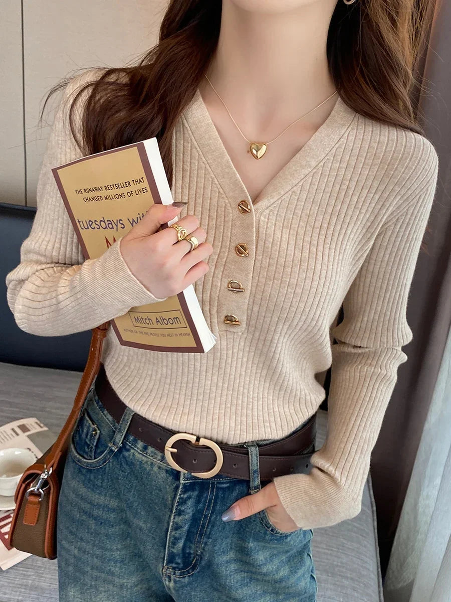 Women Beige Ribbed Button Down Long Sleeve Knitted Pullover Top - Image 2