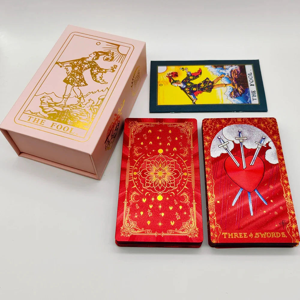 English Golden Red Tarot Cards for Work with Guide Book Prophecy Oracle Divination Deck Fortune Telling Classic 78-cards 12x7cm
