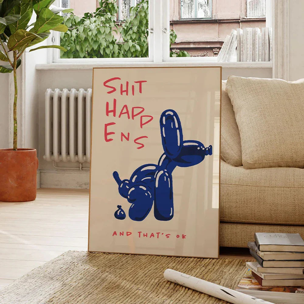 Modern Blue Balloon Dog Wall Art Canvas Shit Happens And That's Ok Painting Quote Posters For Living Room Bedroom Home Decor