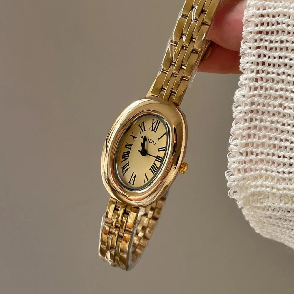 Hot Sale Fashion Watch for Women Mid Ancient Style Oval Dial Small Gold Watch Adjustable Steel Strap Quartz Wristwatch Wholesale