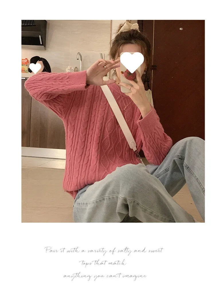 Women's Pink Cable Knit Crew Neck Long Sleeve Sweater - Image 11