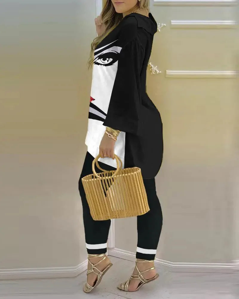 Women Printed V-Neck Long Sleeve Top and Pant Two Piece Set - Image 18