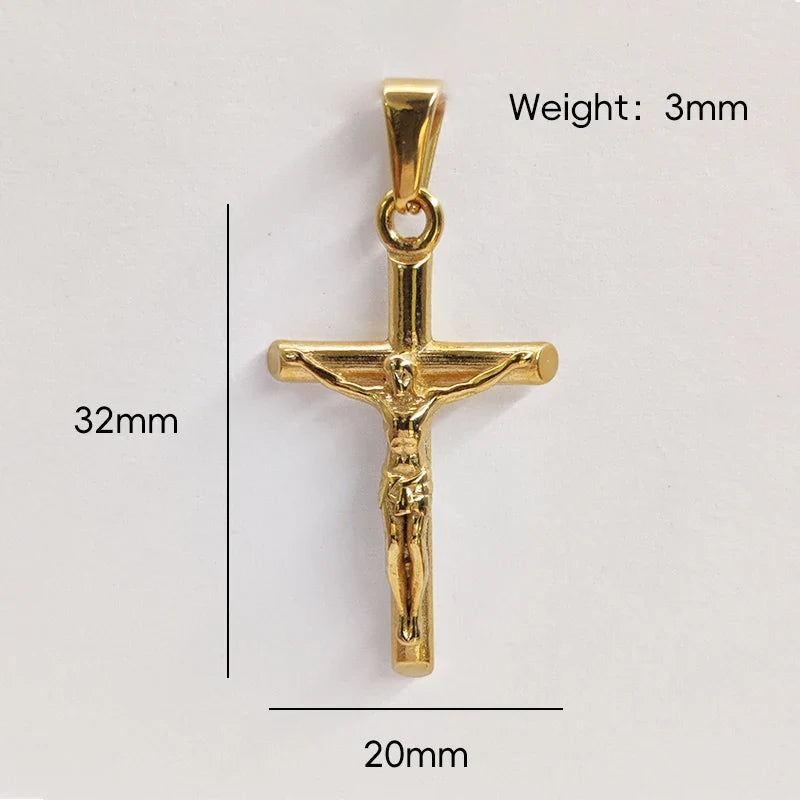 Jesus Cross 18k Gold Plated Stainless Steel Pendant Necklace For Men Unisex Religious Waterproof  Jewelry Accessories