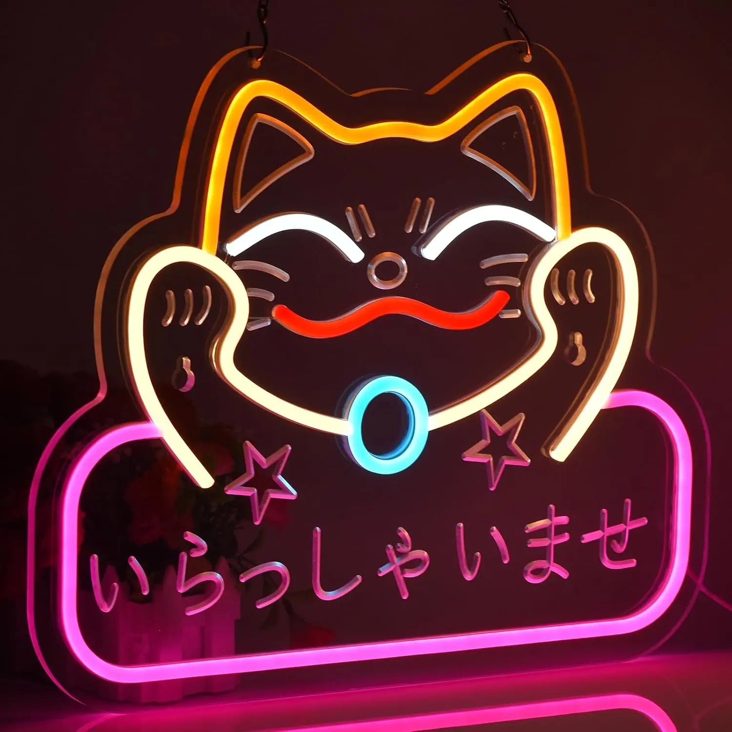 Neon Sign Maneki Neko Welcomes Fortune Cute Beckoning Cat with Welcome Sign for Restaurant Shop Home Bar Decor LED Night Light