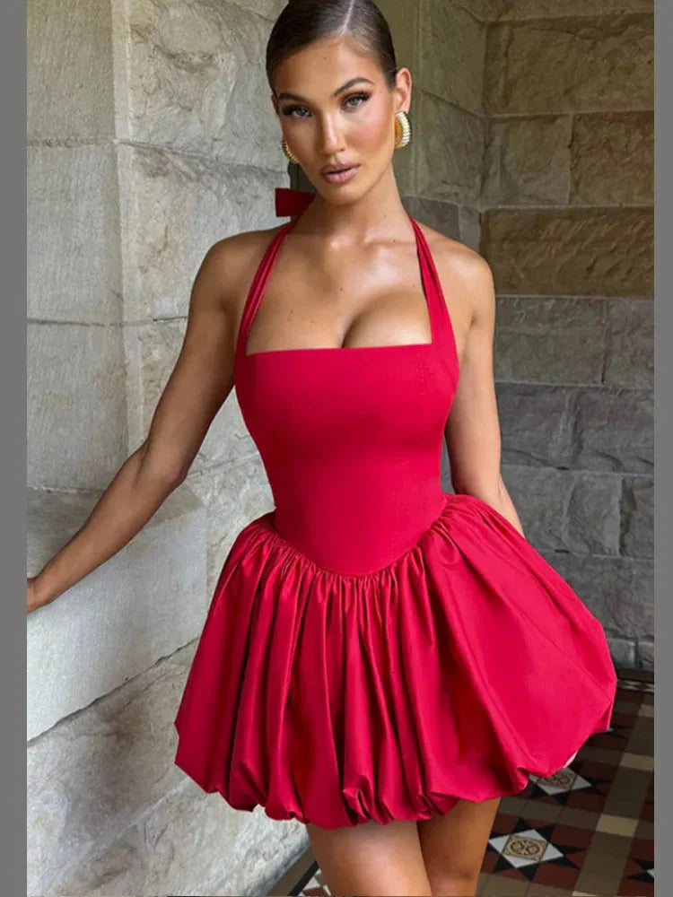 Women’s Pink Corset Puffball Hem Mini Dress Flirty Halter Style - Image 5