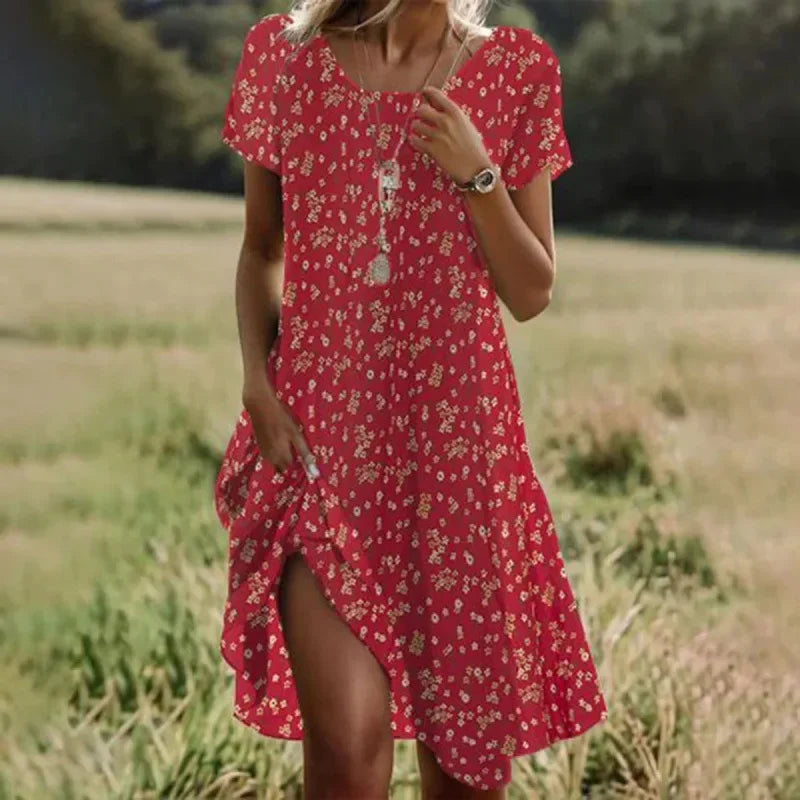 Women's Ethnic Print Midi Dress Summer Round Neck Casual Style - Image 4