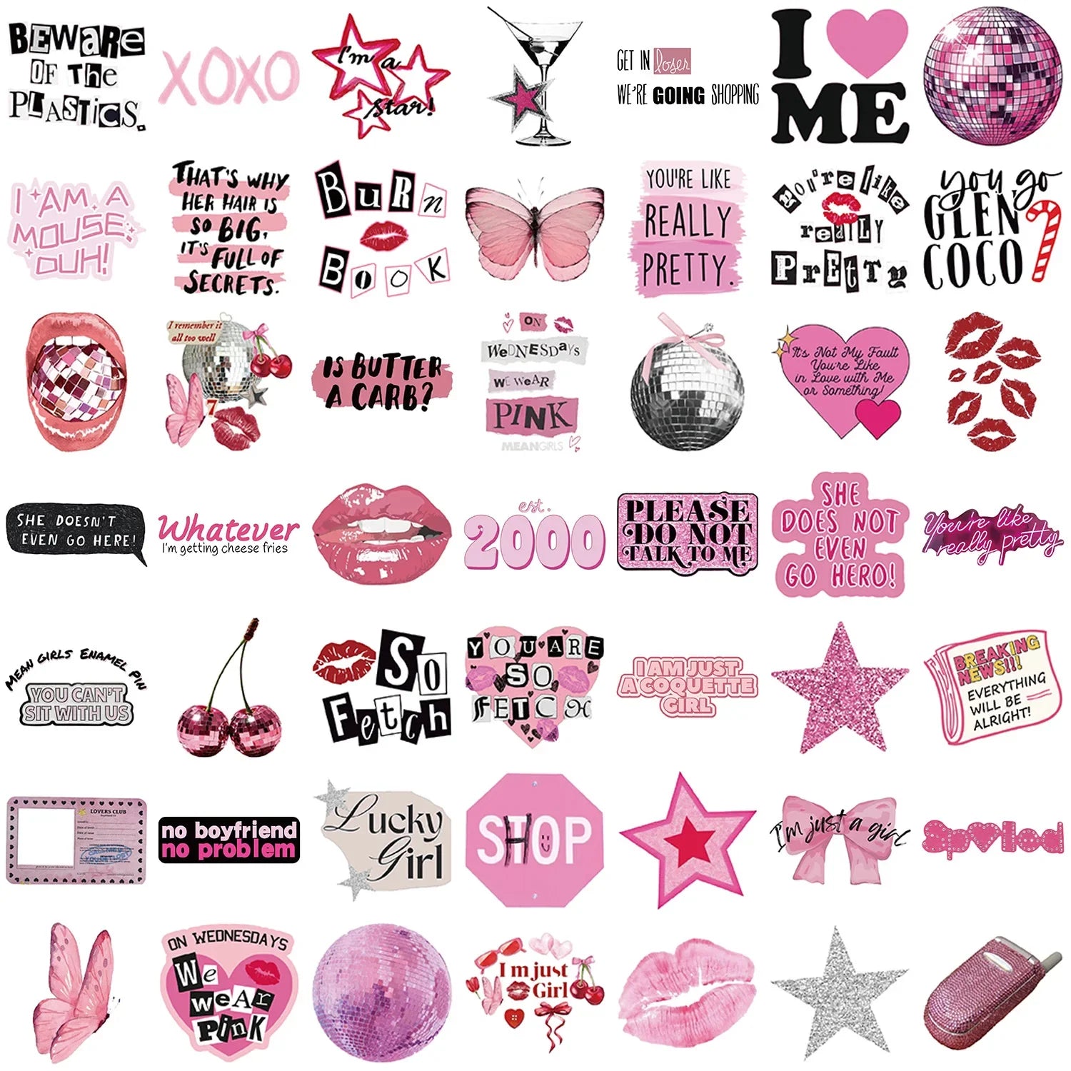 50PCS Cartoon Pink Y2K Graffiti Stickers Guitar Notebook Luggage DIY Waterproof Stationery Pen Holder Decorative Stickers