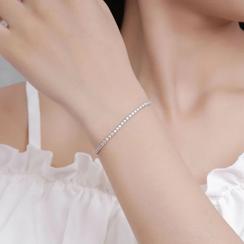 NeeTim 2mm D Color Moissanite Tennis Bracelet 925 Sterling Silver with White Gold Plated Bracelets for Women Pass Diamond Tester