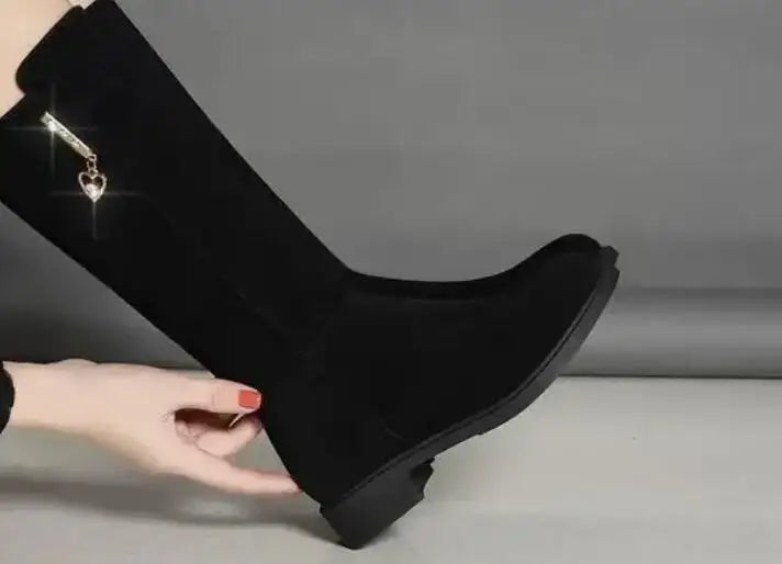 Women's Black Mid-Calf Winter Boots with Heart Zipper Detail - Image 15
