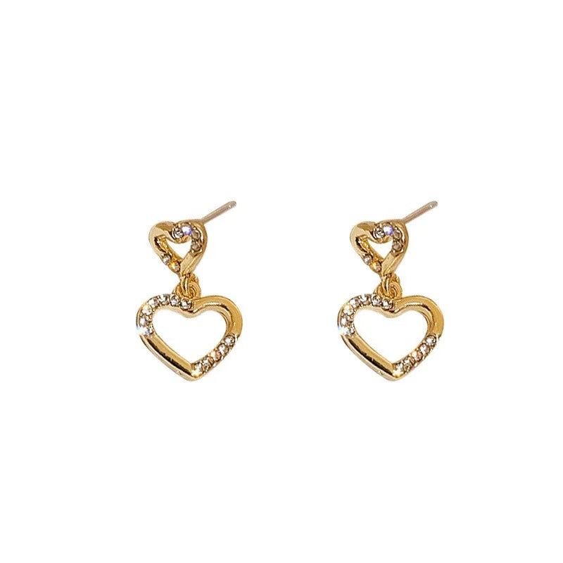 Elegant Double Heart Stud Earrings Women's Korean Style Fashion Jewelry Simple Vintage High-End Feelings Popular Online