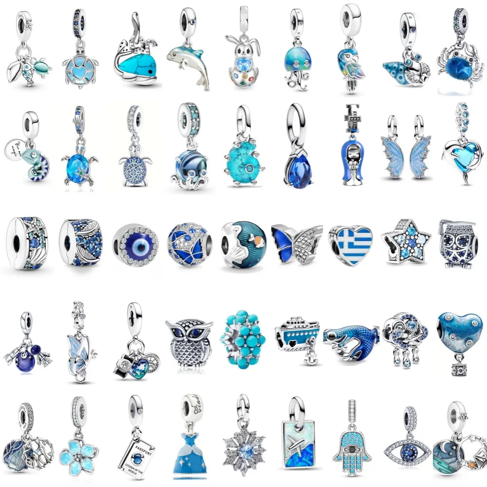 European Summer Blue Series Turtle Flower Pendant Fit S925 European 925 Sterling Silver Bracelet Bangles Necklace