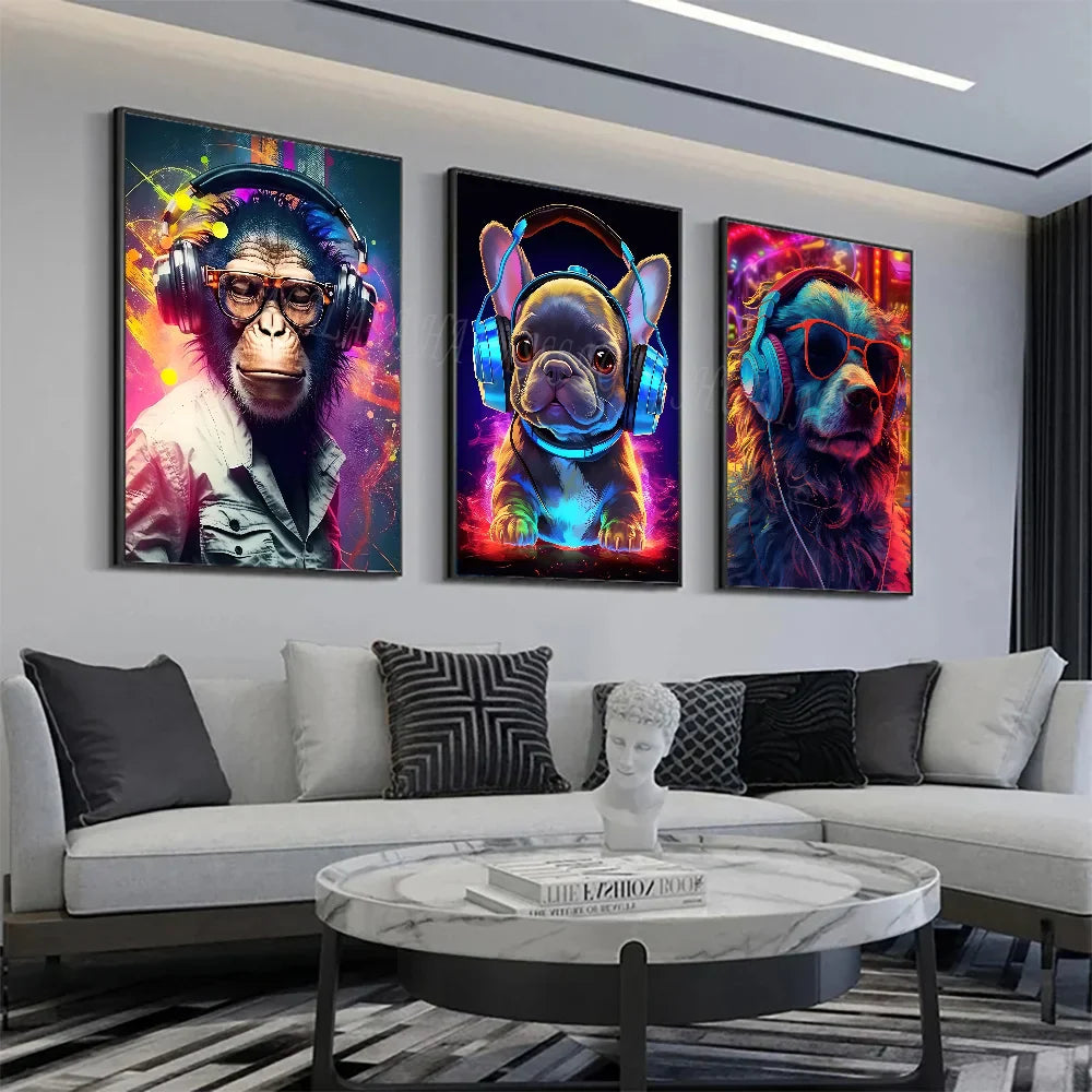 Animal Monkey Cat Dog Headphone Dj Music Poster Canvas P Poster HD Posters Home Room Bar Cafe Decor Art Wall Painting Picture