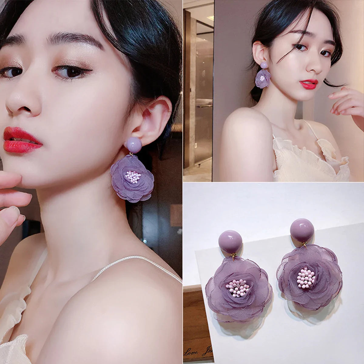Needle Soft Snowflake Lace Flower Girl Soft Purple Milk Fruit Green Flower Dewdrop Earrings Ear Clips Fresh Sweet Style Ear Stud