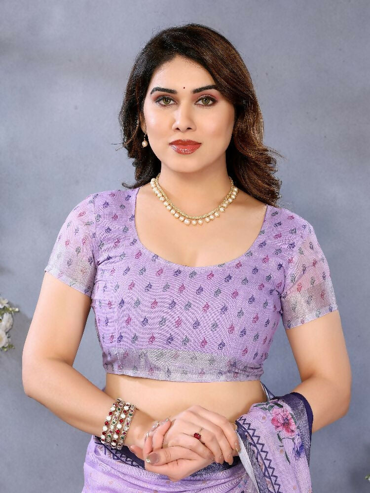 Purple Handloom Linen Cotton Saree with Matching Blouse Set