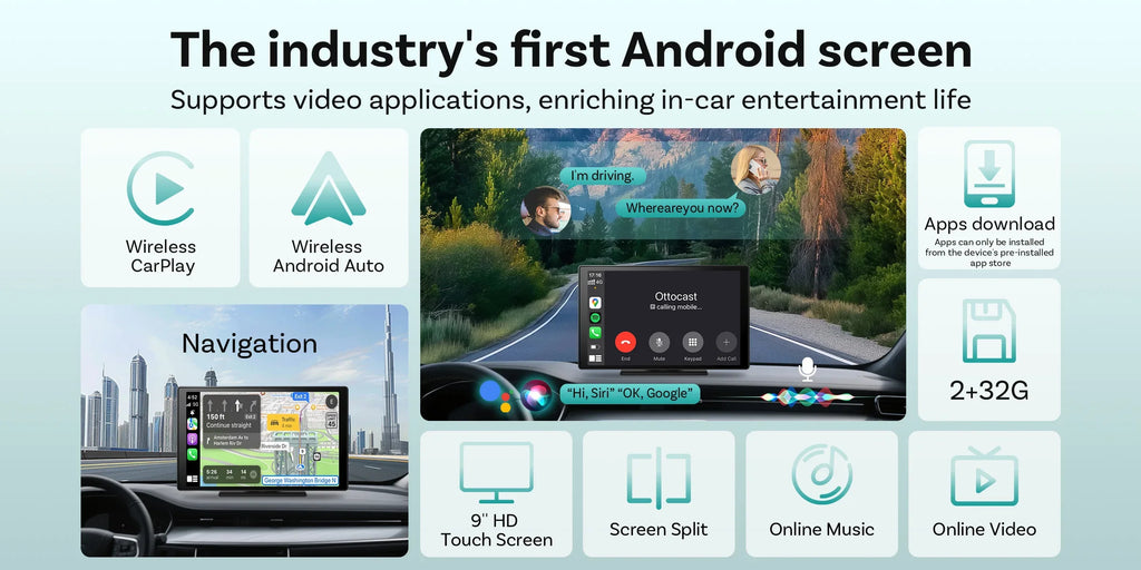 9 Inch Portable Wireless CarPlay Screen, Apple CarPlay and Android Auto Touch Display