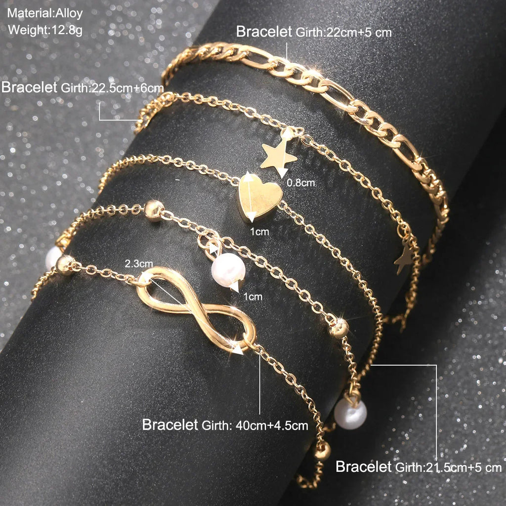 5Pcs Retro Multilayer Tassel Anklet Set for Women Bohemia Vintage Pearl Butterfly Star Heart Pendant Foot Bracelet Beach Jewelry