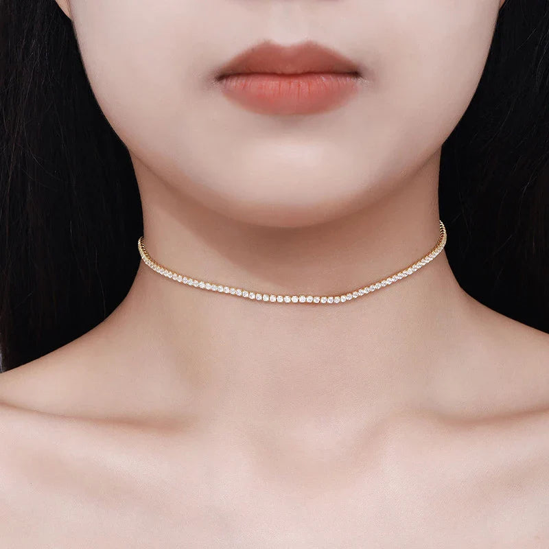 NeeTim 2mm D Color All Moissanite Tennis Necklace for Women Adjustable Choker Chain 925 Sterling Silver with Gold Plated Jewelry
