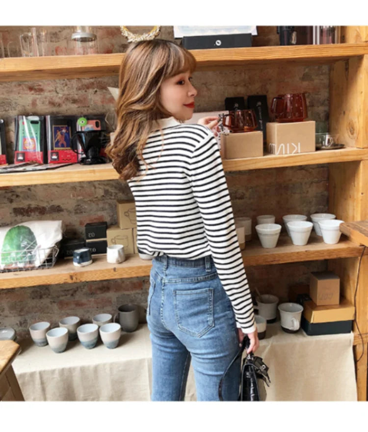Women Striped Mock Neck Long Sleeve Ribbed Knit Pullover Sweater - Image 15