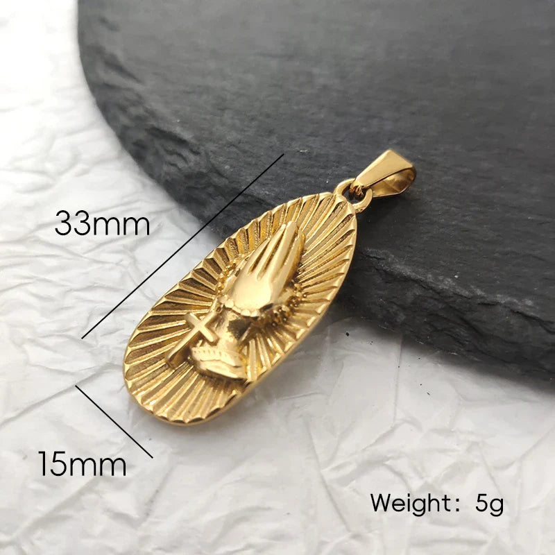 Hip Hop Praying Hands Necklace - Christian Buddhism Jewelry for Men Women | Gold Plated Stainless Steel Religious Gift