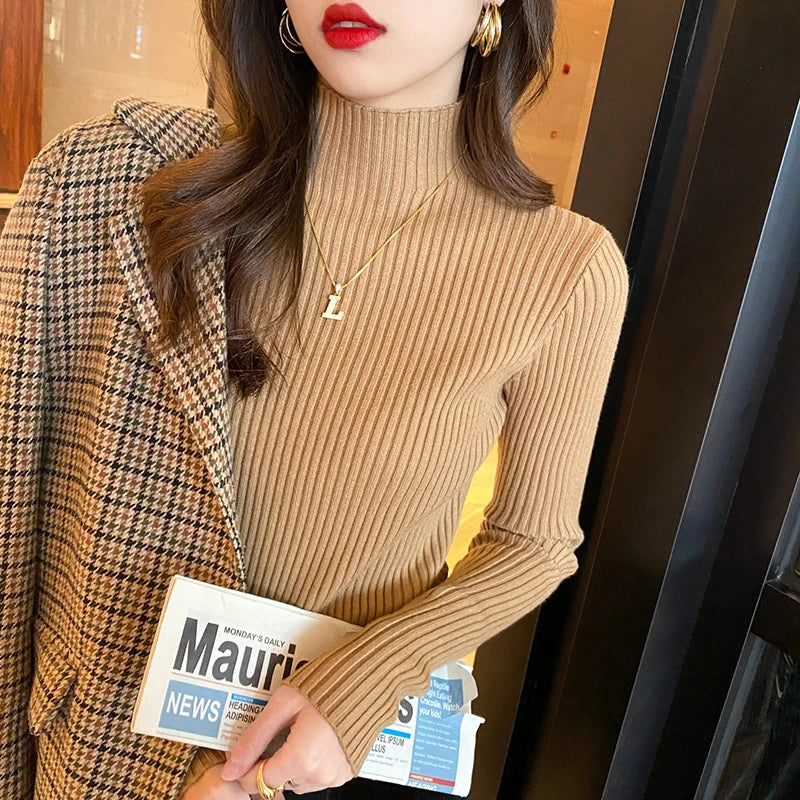 Women Mock Neck Ribbed Knit Pullover Long Sleeve Slim Fit Sweater - Image 5