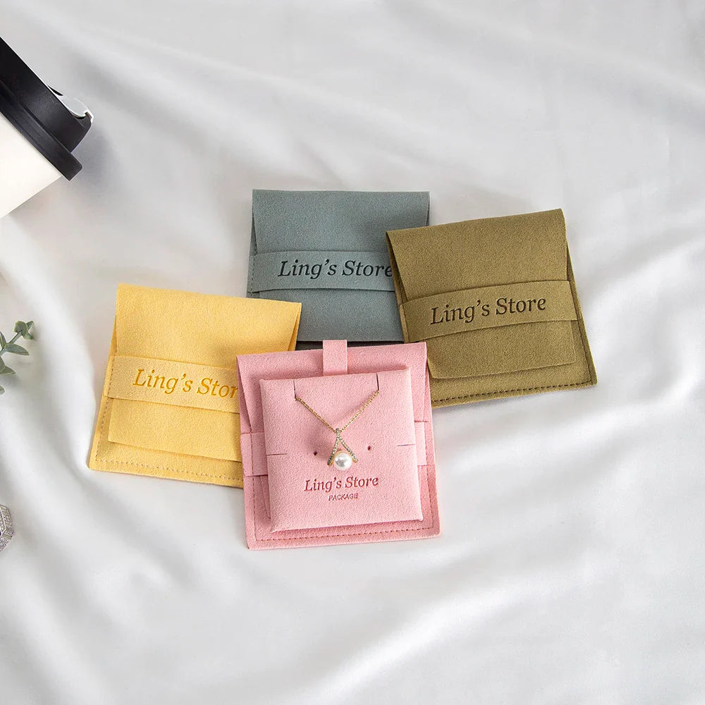 20/50/100pcs Personalized Logo Jewelry Microfiber Strip 8x8cm Bag Insert With 6x6cm Pad Card For Earrings Studs Necklace Pendant