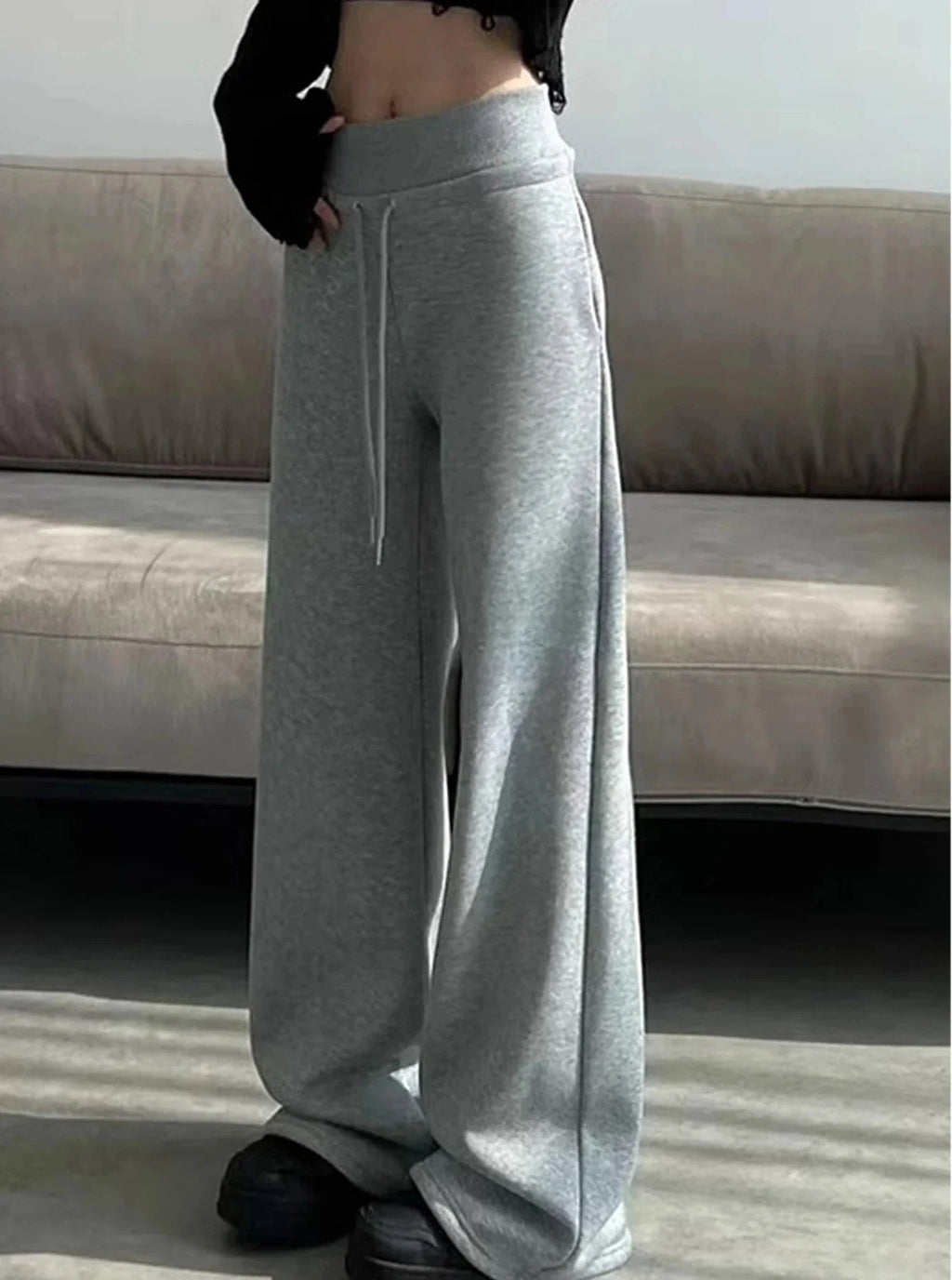 Women's Relaxed Fit Gray High-Waist Wide-Leg Pants
