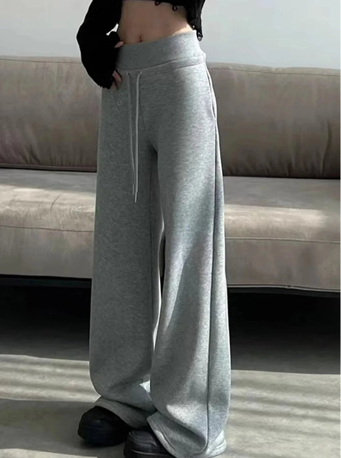 Women's Relaxed Fit Gray High-Waist Wide-Leg Pants