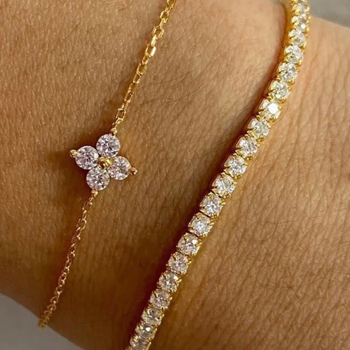 2pcs Simple Cubic Zirconia Flower Water Chain Women's Bracelet Set Daily Minimalist Silver Color Bracelet Party Fashion Jewelry