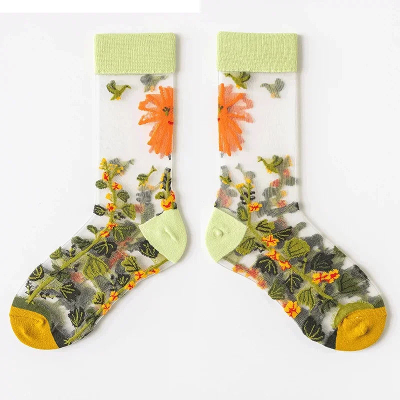 BotaniBabe Sheer Bloom Socks – Embroidered Crystal Silk Socks
