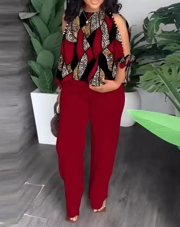 Women Two Piece Set Cold Shoulder Top and Straight Leg Pants - Image 12
