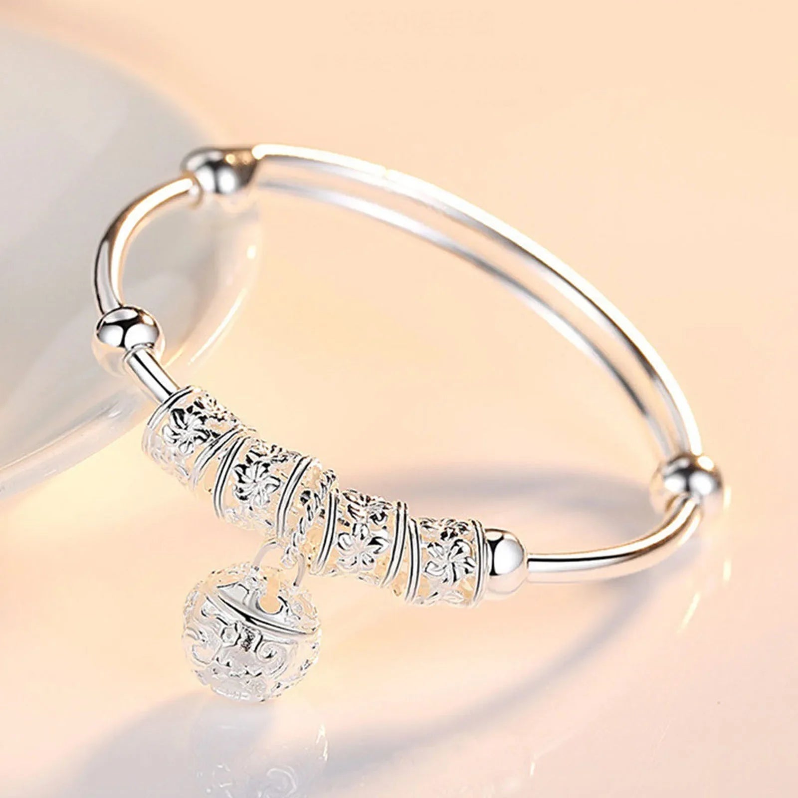 Fine Silver Color Hollow Bells Ball Bangles Adjustable Bracelets for Women Fashion Holiday Gifts Party Wedding Jewelry