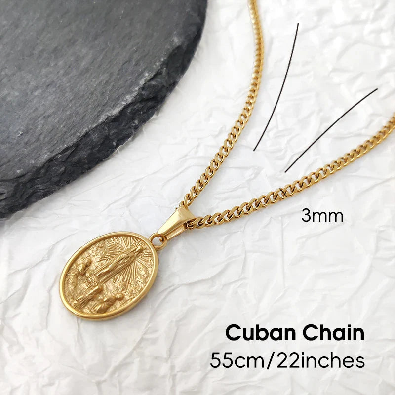 Hip Hop Jesus & Virgin Mary Pendant Necklace - 18K PVD Gold Plated Stainless Steel Jewelry for Men Gift