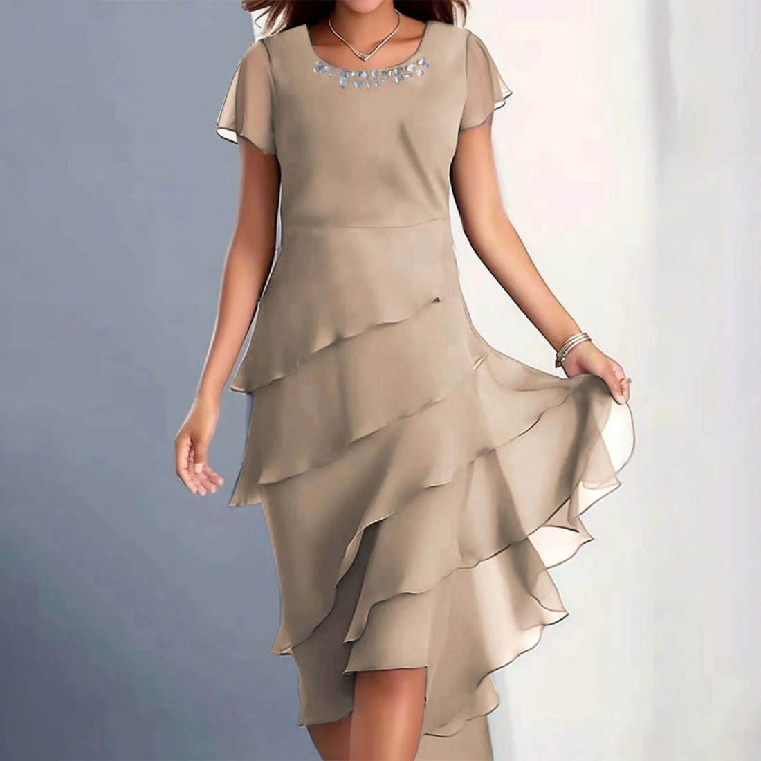Women's Round Neck Chiffon Layered Midi Dress in Dusty Blue - Image 10
