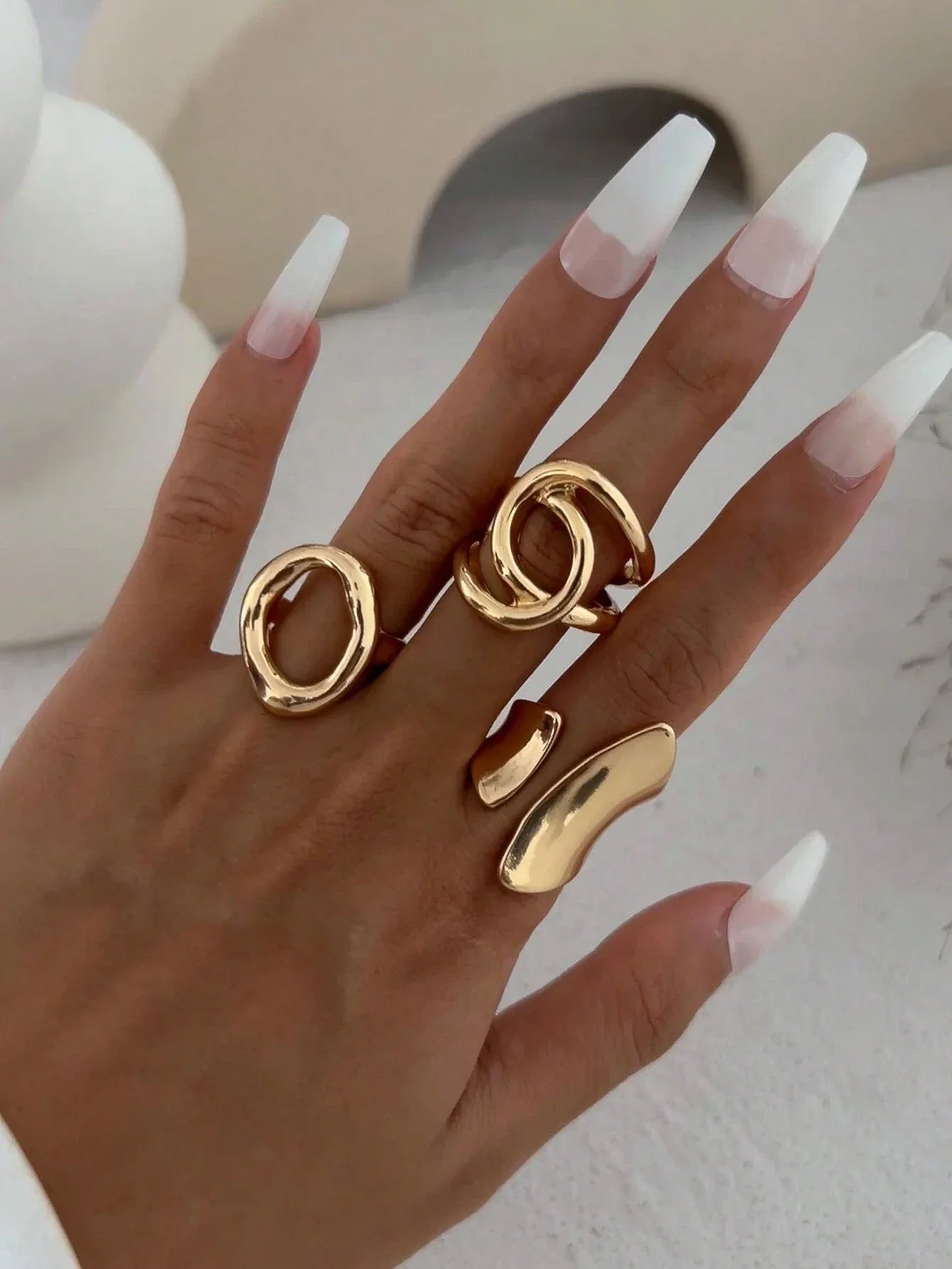 3pcs Retro Punk Exaggerated Asymmetrical Ring Set for Women Fashion Minimalist Geometric Hollow Round Unique Design Ring Jewelry