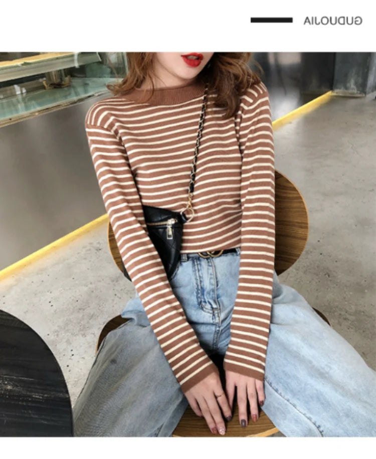Women Striped Mock Neck Long Sleeve Ribbed Knit Pullover Sweater - Image 5