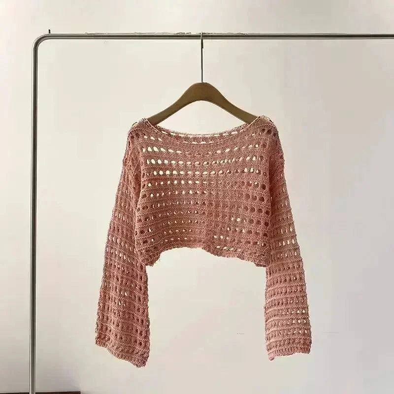 Women's Crochet Knit Long Sleeve Boho Beach Cover Up Pullover - Image 4