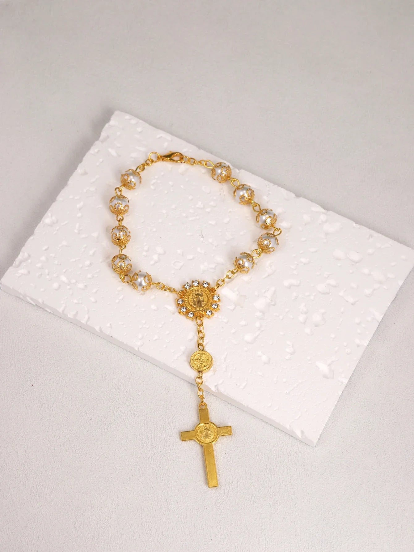 One Decade Auto Rosary Beads Catholic Bracelet Saint Benedict Crucifix Divine Mercy Gift for Women Men