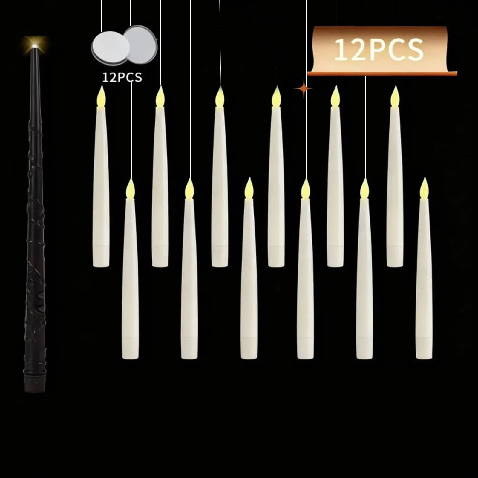 Floating Candles with Wand 12 PCs Magic Hanging Candles Flickering Warm Light Flameless Floating LED Candle Halloween Decoration