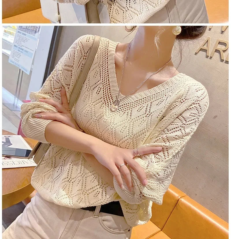 Women's V-Neck Crochet Hollow Knit Pullover Sweater Long Sleeve - Image 12
