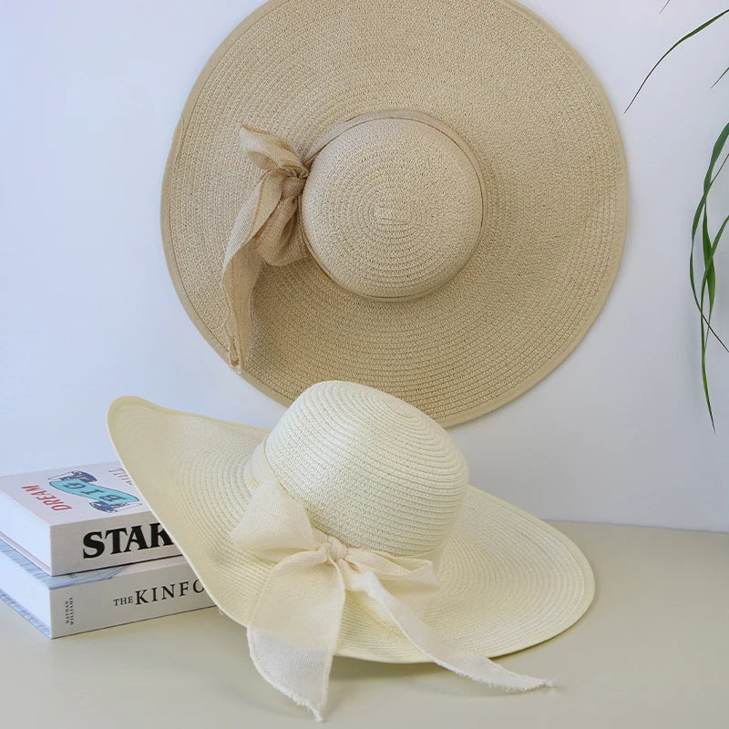 Women’s Wide Brim Summer Straw Hat with Elegant Bowknot Detail