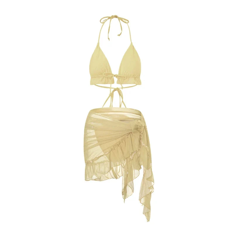 Women Halter Ruffle Three Piece Bikini Swimsuit Set - Image 5