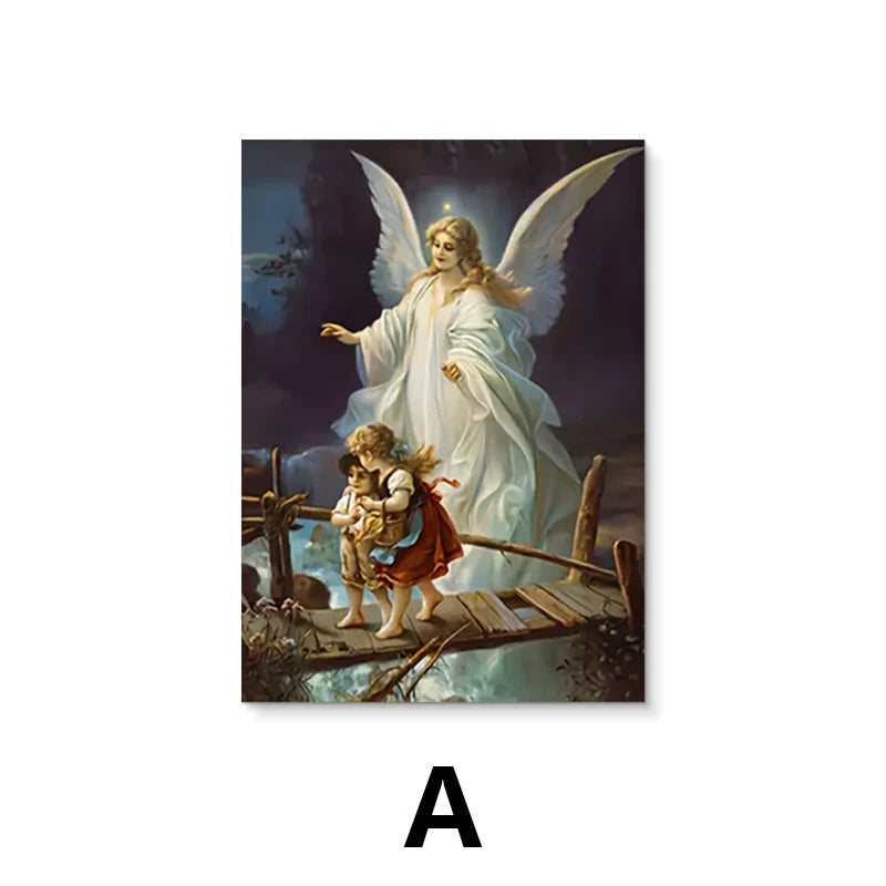 Classic Vintage Wall Art Guardian Angel Hanging Painting Religious HD Canvas Print Poster Home Living Room Bedroom Decoration