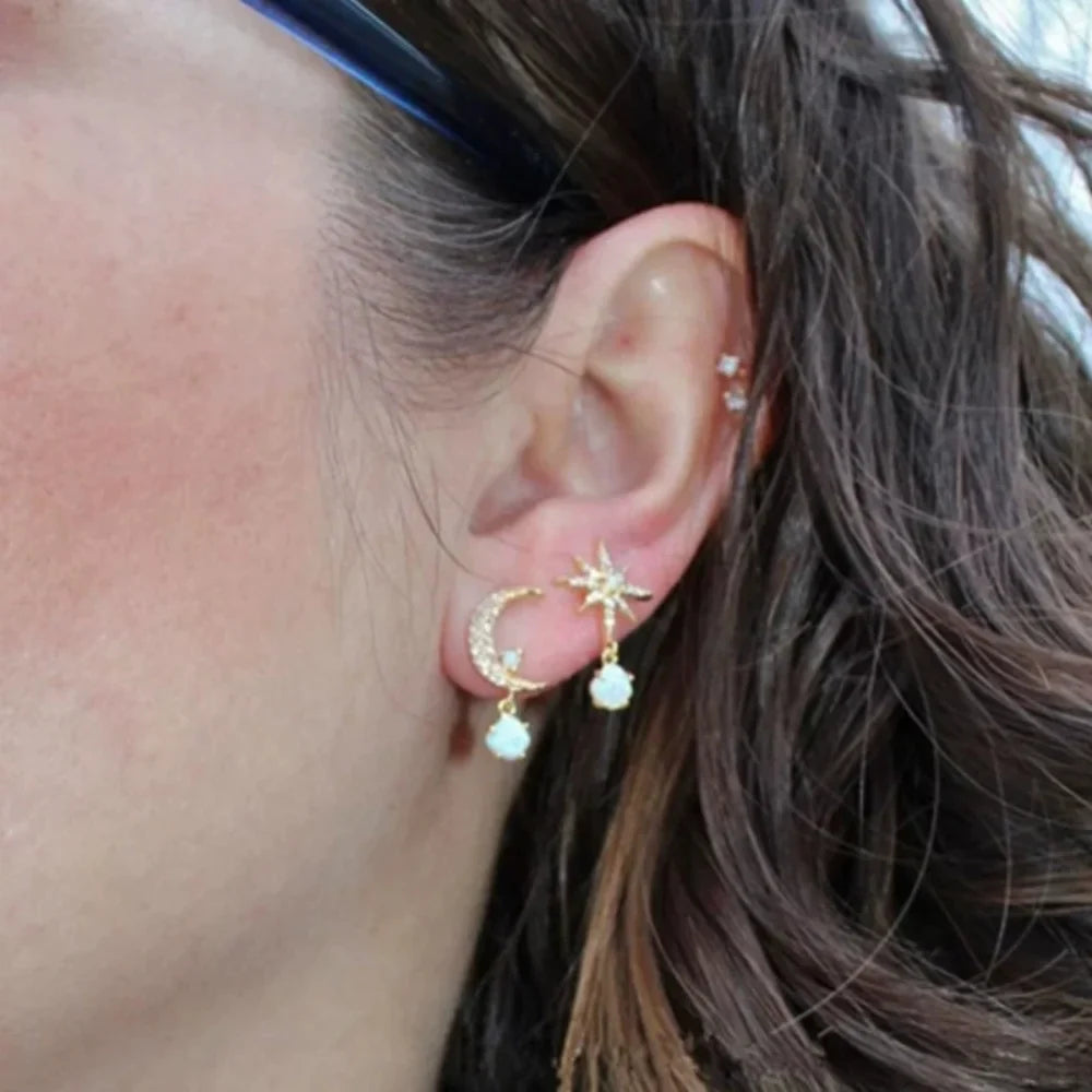 Golden Asymmetrical Zircon Moon Star Earrings for Women Retro Personalized Fashionable Versatile Accessory Gift