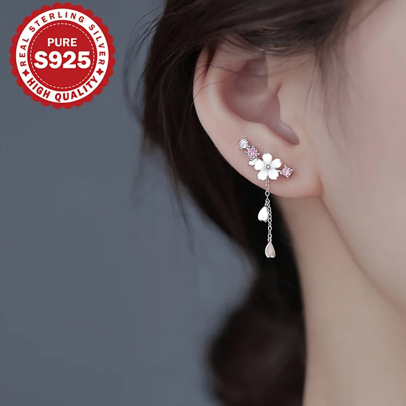 S925 Sterling Silver Sakura Tassel Earrings Cute Elegant Korean Style Versatile Classic Pendant Earring Allergy Free