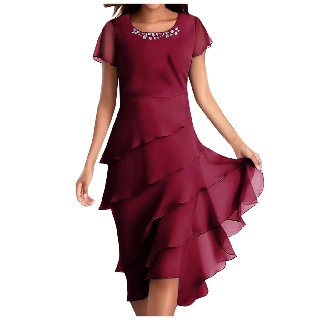 Women's Round Neck Chiffon Layered Midi Dress in Dusty Blue - Image 6