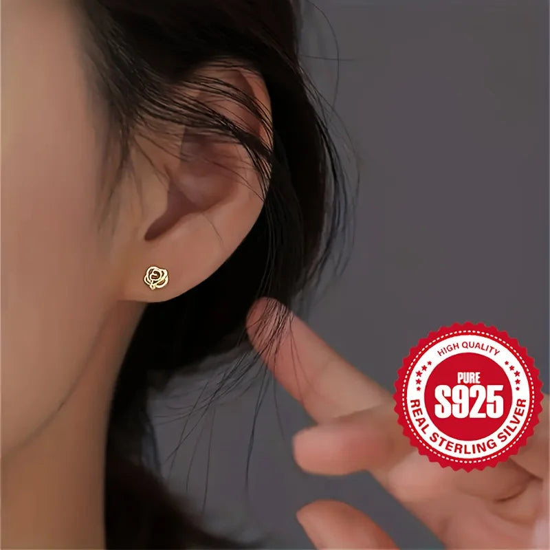 S925 silver rose earrings for women, hypoallergenic, perfect gift for dating, versatile for daily wear